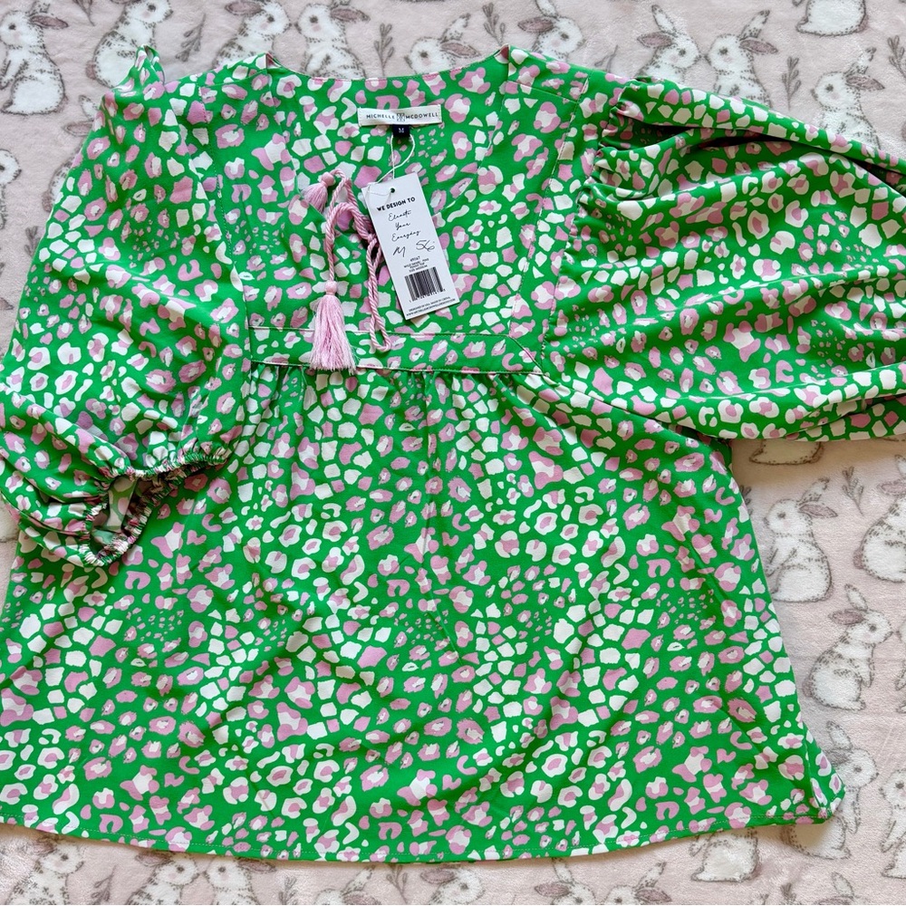 Green & Pink Puff Sleeve Peasant Top NWT